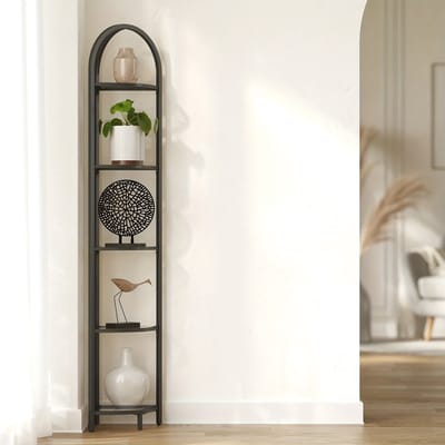 Hoekkast 5 laags-hoekrek - Gehard Glas Planken met Metalen Frame - Modern Vrijstaande Opbergoplossing voor Woonkamer- Keuken- Badkamer - Ruimtebesparende Huisdecoratie Organizer- Keukenschappenunit-Hedendaags Ontwerp-Stevige Constructie-(zwart).