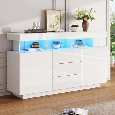 DESMIU Dressoir Met Hoogglans Afwerking En Ledverlichting Voor Woonkamer Keuken Of Hal Van Spaanplaat En Acryl 140 X 35 X 80 Cm Wit