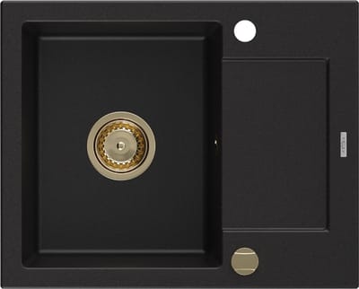 Mexen Enzo granieten spoelbak 1-komers met afdruiprek 576 x 465 , zwart, gouden sifon - 6506571005-77-G