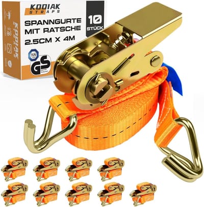 10x Spanband met Ratel en Haken 4 Meter 1000kg Zekeringsgordels Oranje TÜV/GS