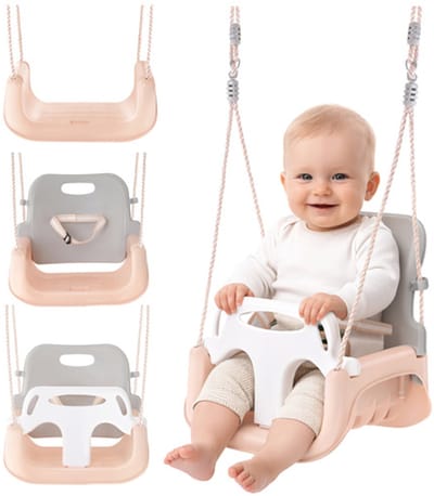 Playos® - Meegroei Schommel - tot 30 kg - Lichtroze / Lichtgrijs - Pastelkleuren - Babyschommel voor Peuter en Kleuter - Schommel - Buitenspeelgoed