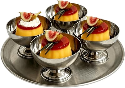 Stainless steel dessertkommen voor ijs, salades en cocktails - Set van 4 grote kommen met vorken en korte voeten