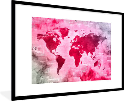 Poster in lijst - Fotolijst 90x60 cm - Posters - Wereldkaart - Rood - Krant - Posterlijst zwart - Decoratie - Wanddecoratie woonkamer - Muurdecoratie slaapkamer