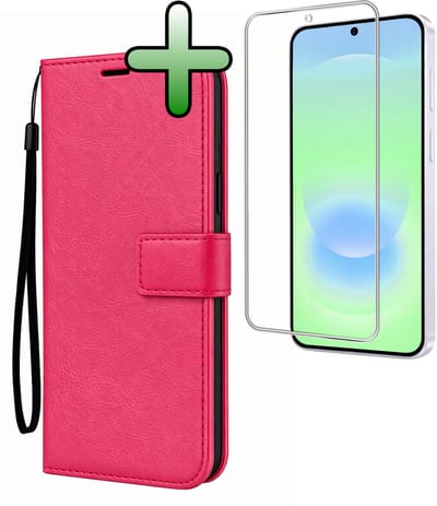 Hoesje Met Screenprotector - Geschikt voor Samsung Galaxy A37 - Luxe Pasjeshouder - Bookcase Portemonee - Flip Case - Kunstleer Book Case - Flipcase - Book Cover - Walletcase - Portemonneehoes - Donkerroze