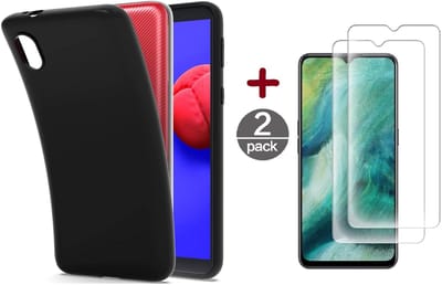 Hoesje Geschikt Voor Samsung Galaxy A01 Core Hoesje Zwart siliconen backcover TPU Back case met Galaxy A01 Core met Screenprotector Glazen 2 stuks