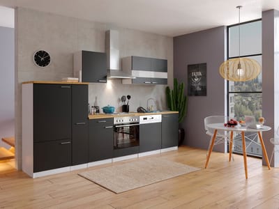 Goedkope keuken 310  cm - complete keuken met apparatuur Malia  - Wit/Zwart - soft close - elektrische kookplaat - vaatwasser - afzuigkap - oven    - spoelbak