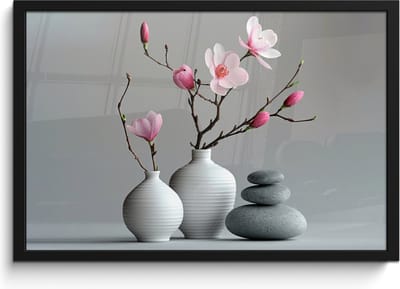 Poster in lijst - Fotolijst 60x40 cm - Posters - Magnolia - Bloemen - Roze - Zen stenen - Posterlijst zwart - Wanddecoratie badkamer - Muurdecoratie WC - Decoratieve accessoires - Toilet muur decoratie