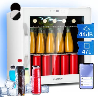 Klarstein Mini Koelkast met Glazen Deur, Kleine Stille Mini Koelkast voor Kamer & Tuin, Indoor/Outdoor Drankkoelkast met IoT/App-bediening, Koelkast voor Cosmetica & Dranken, 5–18 °C, 47 L