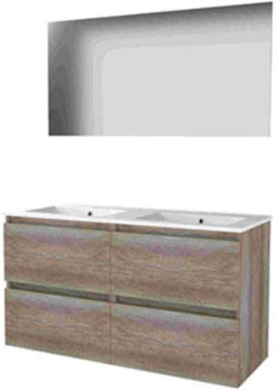 Basic-Line Ultimate 46 Badkamermeubelset - 120 x 46 cm - Greeploos - 4 Lades - Keramische Wastafel - 2 Kraangaten - Spiegel met Indirecte LED Verlichting - Scotch Oak