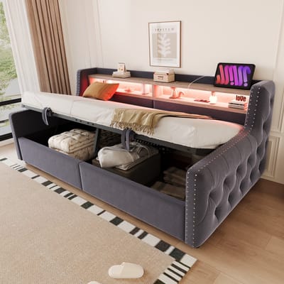MODFU - Slaapbank – 90x200 cm – Met opbergruimte & LED – Fluweel – Grijs