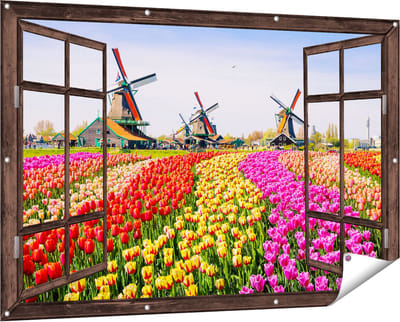 Gards Tuinposter Doorkijk Kleurrijke Tulpen Bloemenveld - Windmolen - 150x100 cm - Tuindoek - Tuindecoratie - Wanddecoratie buiten - Tuinschilderij