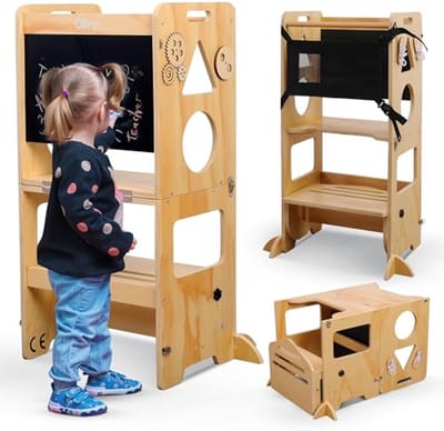 Montessori Leertoren voor Kinderen - Opvouwbare Houten Keukentoren - Veilige Kindertrap met 3-in-1 Functionaliteit