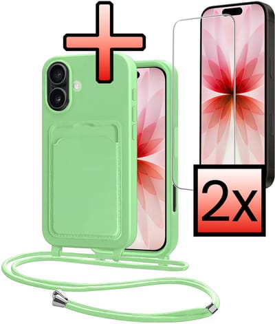 Hoes Geschikt voor iPhone 17 Hoesje Pasjeshouder Cover Met Koord Case Siliconen Hoes Met Telefoonkoord en Kaarthouder Met 2x Screenprotector - Groen