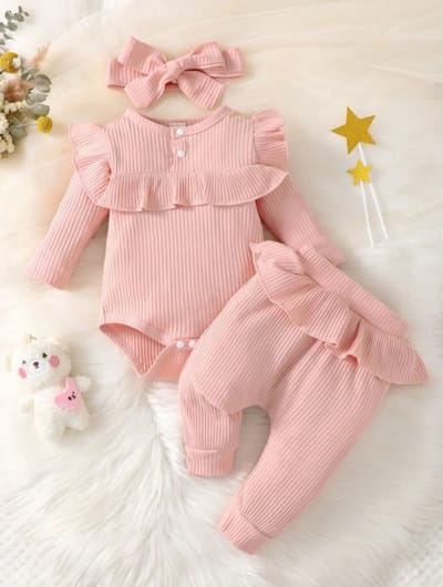 Baby Bodysuit, Broek en Hoofdband Set met Ruches - Herfst 9 Maanden - Baby Kleding Set voor Meisjes