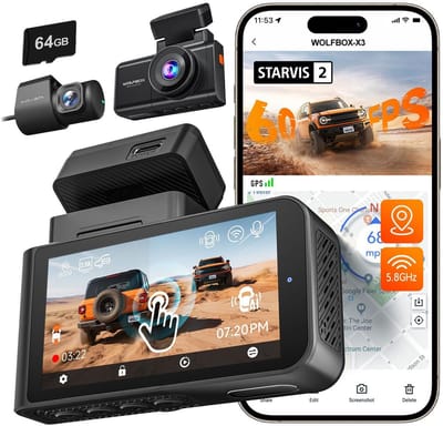 Wolfbox X3 Touch 3CH 2K Wifi Gps 64gb dashcam - Camera voor + achter - 3,0 inch touchscreen Lcd - Wifi en Gps - Parkeermodus - 2K resolutie - 64gb Micro SD kaart - dashcam voor auto