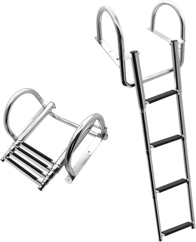 Allecto Plus - Zwembadladder 4 treden van roestvrij staal inklapbaar met brede leuningen en sporten - Draagvermogen 227 kg - Voor zwembaddek en boot