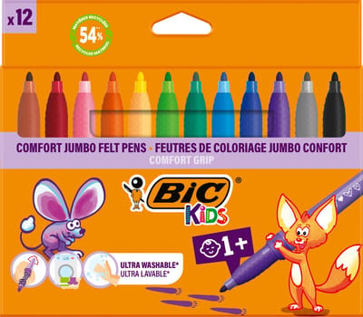 BIC Kids Comfort Jumbo Viltstiften voor Tekenen en Kleuren - Stiften voor Kinderen - Uitwasbare Kleurstiften - 12 Stuks