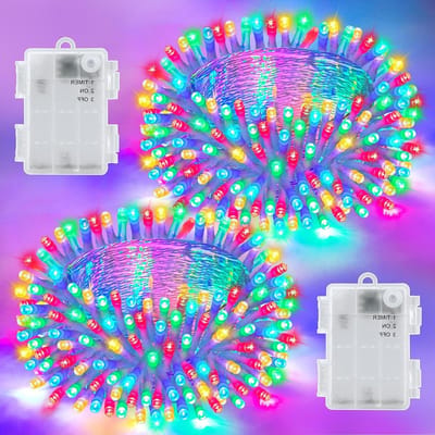 3M 30 LED Sfeerverlichting Buiten met Batterij, Multikleurige Lichtjes en 6 Uur Timer, Set van 2, IP65 Waterdicht