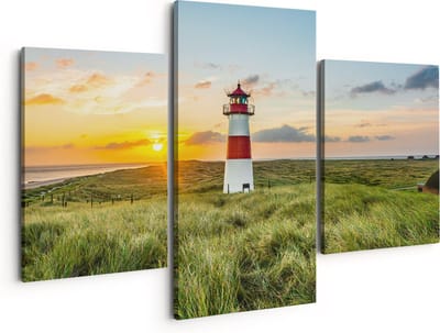 Artaza Canvas Schilderij Drieluik Vuurtoren met Zonsopgang op een Eiland - 150x120 - Groot - Foto Op Canvas - Canvas Print