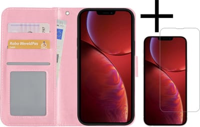 Hoesje - Met Screenprotector - Geschikt voor Apple iPhone 14 - Luxe Pasjeshouder - Bookcase Portemonee - Flip Case - Kunstleer Book Case - Flipcase - Book Cover - Walletcase - Portemonneehoes - Lichtroze