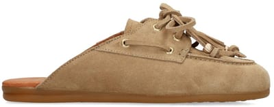Manfield - Dames - Beige suède muiltjes met franjes - Maat 39