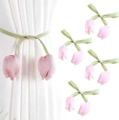 Decoratieve Gordijnhouders in Bloemvorm - 4 Stuks, Boho Stijl, Ideaal voor Woonkamer, Slaapkamer en Kantoor, Roze, Gordijnaccessoires