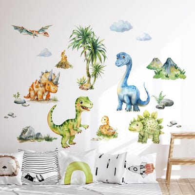 Watercolor Dinosaur Muurstickers met Tropische Bladeren en Palmbomen voor Kinderkamers en Speelruimtes