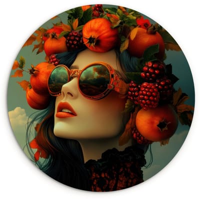 WallCircle® Wandcirkel 120x120 cm - Muurcirkel Vrouw - Granaatappel - Herfst - Zonnebril - Muurdecoratie woonkamer - Wanddecoratie slaapkamer - Kamer decoratie accessoires - Ronde schilderijen XXL