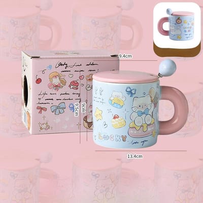 Cartoon Kop met Deksel Schattige Boterbeer Keramische Mok met Deksel met Lepel Keramische Kop Waterbeker Vrouwelijk Souvenir 400ml gray