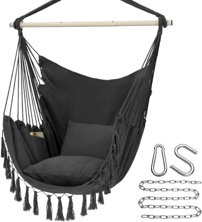 Ruime Hangstoel met Kussens en Zak - Macramé Hangmat voor Binnen en Buiten - Max 150 kg