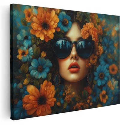 Artaza Canvas Schilderij Vrouw Met Bloemen - Blauw En Oranje - Kunst - 120x90 cm - Groot - Wanddecoratie Woonkamer - Schilderijen - Muurdecoratie