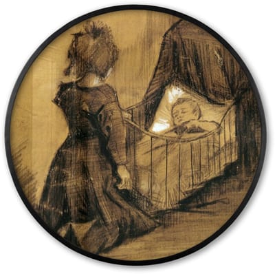 Poster in lijst Rond - Fotolijst 60x60 cm - Posters - Meisje geknield bij een wieg - Vincent van Gogh - Ronde posterlijst zwart - Decoratie - Wanddecoratie woonkamer - Muurdecoratie slaapkamer