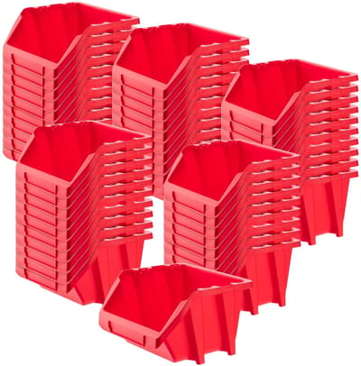 Opbergbakken, kunststof organizer voor werkplaats en garage, opbergdozen voor schroeven en spijkers, stapelbakken (rood, 144 x 118 mm, set van 50)