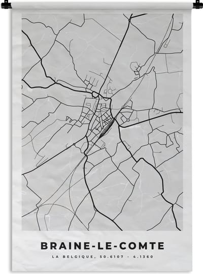 Wandkleed - Wanddoek - België – Braine le Comte – Stadskaart – Kaart – Zwart Wit – Plattegrond - 120x180 cm - Wandtapijt