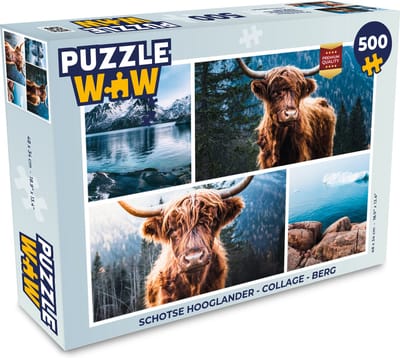 Puzzel Schotse hooglander - Collage - Berg - Legpuzzel - Puzzel 500 stukjes