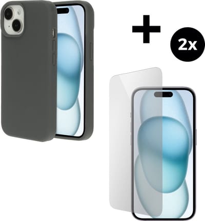 Mobiparts Silicone Cover hoesje geschikt voor Apple iPhone 15 met 2 Screenprotectors van Gehard Glas - Grijs