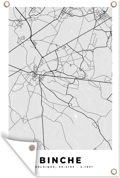 Muurdecoratie Zwart Wit – België – Plattegrond – Stadskaart – Kaart – Binche - 120x180 cm - Tuinposter - Tuindoek