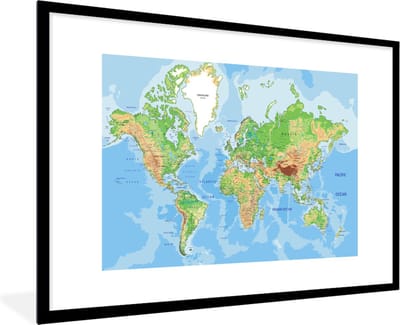 Poster in lijst - Fotolijst 90x60 cm - Posters - Wereldkaart - Topografie - Atlas - Kids - Jongetje - Meisjes - Posterlijst zwart - Decoratie - Wanddecoratie woonkamer - Muurdecoratie slaapkamer