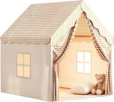 Kindertent speelhuis – Binnen en buiten speeltent met ramen, driehoekige structuur en stevig metalen frame – Kinder bedtent en speelhuis voor jongens en meisjes – Polyester doek – 105 × 120 × 128 cm – Beige