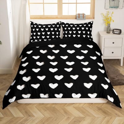 3-delige Beddengoedset met Ritssluiting Rood Hart Dekbedovertrek Queen Liefde Hart Patroon Wit Dekbedovertrek Set Schattige Print US Twin(172x218cm)