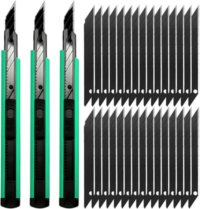Professionele 3-delige 9mm Cutter met 30 stuks 30° afbreekbladen voor folie, papier en knutselprojecten (Groen)
