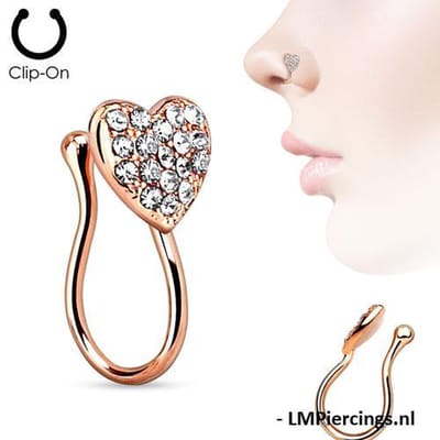 FAKE piercing gemmed hartje rose gold plated - LMPiercings