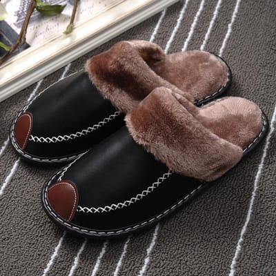 Herenpantoffels Zwarte Winter PU Leren Pantoffels Warme Binnenpantoffel Waterdichte Huis Huisschoenen Dames Warme Leren Pantoffels 39-40 zwart