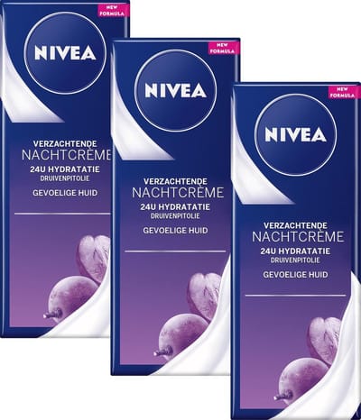 NIVEA Verzachtende Nachtcrème voor Vrouwen - Gevoelige huid - Ongeparfumeerd en PH-neutraal - Met Zoethoutextract en Druivenpitolie - 3 x 50 ml