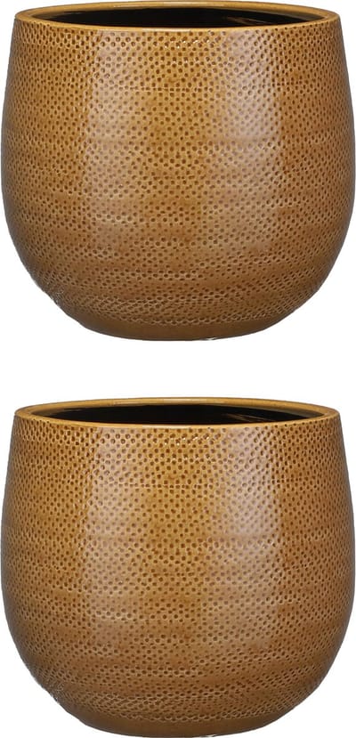 Keramiek aardewerk bloempot van 20 x 25 cm in het geribbeld okergeel - Set van 2x stuks - Mica Decorations plantenpotten