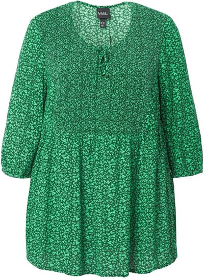 Ulla Popken - Dames - Gerimpelde blouse bloemen A-lijn ronde hals 3/4-mouwen - Mintgroen - Maat 46+