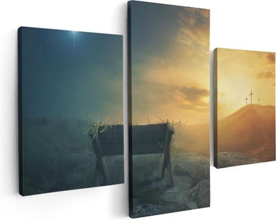 Artaza Canvas Schilderij Drieluik Kribbe en Drie Kruisen  - 90x60 - Foto Op Canvas - Canvas Print
