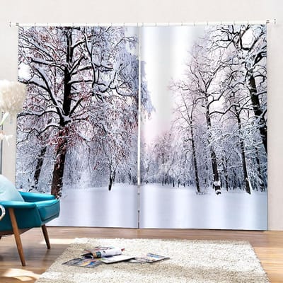 Winterse Sneeuwbos Gordijnen, Natuurlandschap Uitzicht, 3D Scenery, Kerstgordijnen, Woonkamer, Salon 120W243H&Grommet Top
