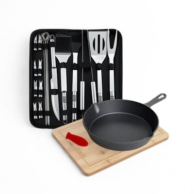 Blackwell Pannenset Barbecue & Grill Box XL Bruin/Zwart/Zilver - 6 Stuks - Gietijzer, RVS & Hout - Inductiegeschikt