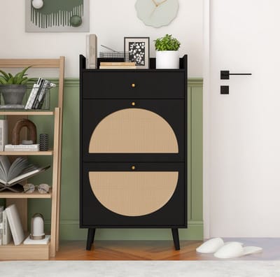 MEUNIQ Schoenenkast 60,2 x 24 x 110,3 cm met 2 deuren, 1 lade, dubbel schoenenrek en uitneembare plank voor hal of entree, zwart